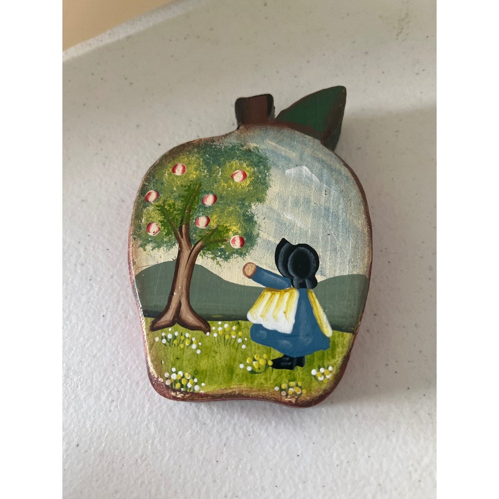 Hand Painted Wood Apple Folk Art Amish Girl Picking Apples Farmhouse Decor